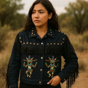 Vintage 80's black handbeaded fringe denim jacket